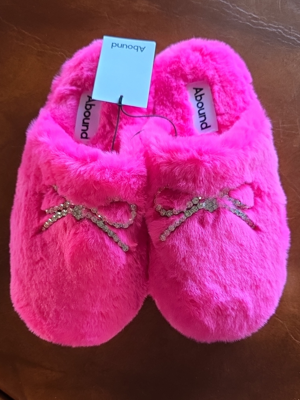 Abound Bright Hot Pink Fuzzy Slippers with Rhinestone Bow